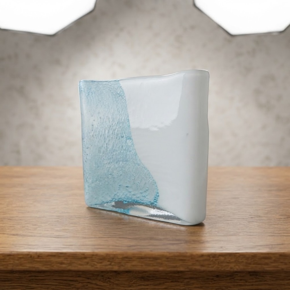 Cyan Design Style Art Glass Pillow Vase White Opaque Blue Controlled Bubble